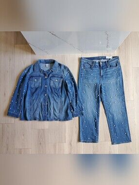 Chico's Denim Suit Womens L Jacket and Straight-Leg Jeans with Pearlescent Studs